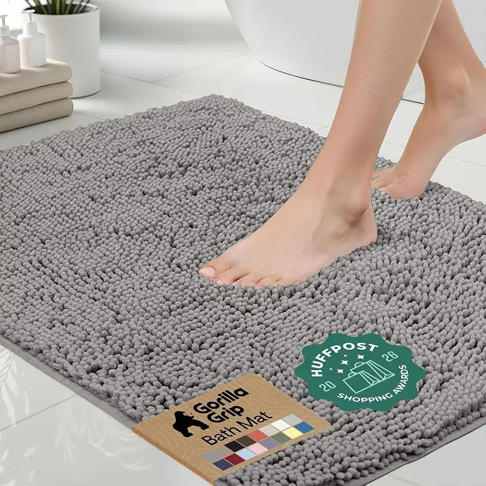 GORILLA GRIP Bath Rug Mat, Thick Soft Absorbent Chenille, Quick Dry Microfiber Mats, Rubber Backing, Machine Washable Shower Floor Rugs, Bathroom Bathmat Home Decor Accessories, 24x17 Grey