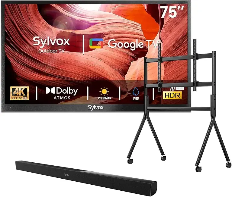 SYLVOX Outdoor TV with Rolling Stand & Soundbar, 75 inch 2000 Nit Full Sun Smart TVs, Sunlight Readable, IP55 Waterproof, 4K TV for Outdoor Households or Commercial Places