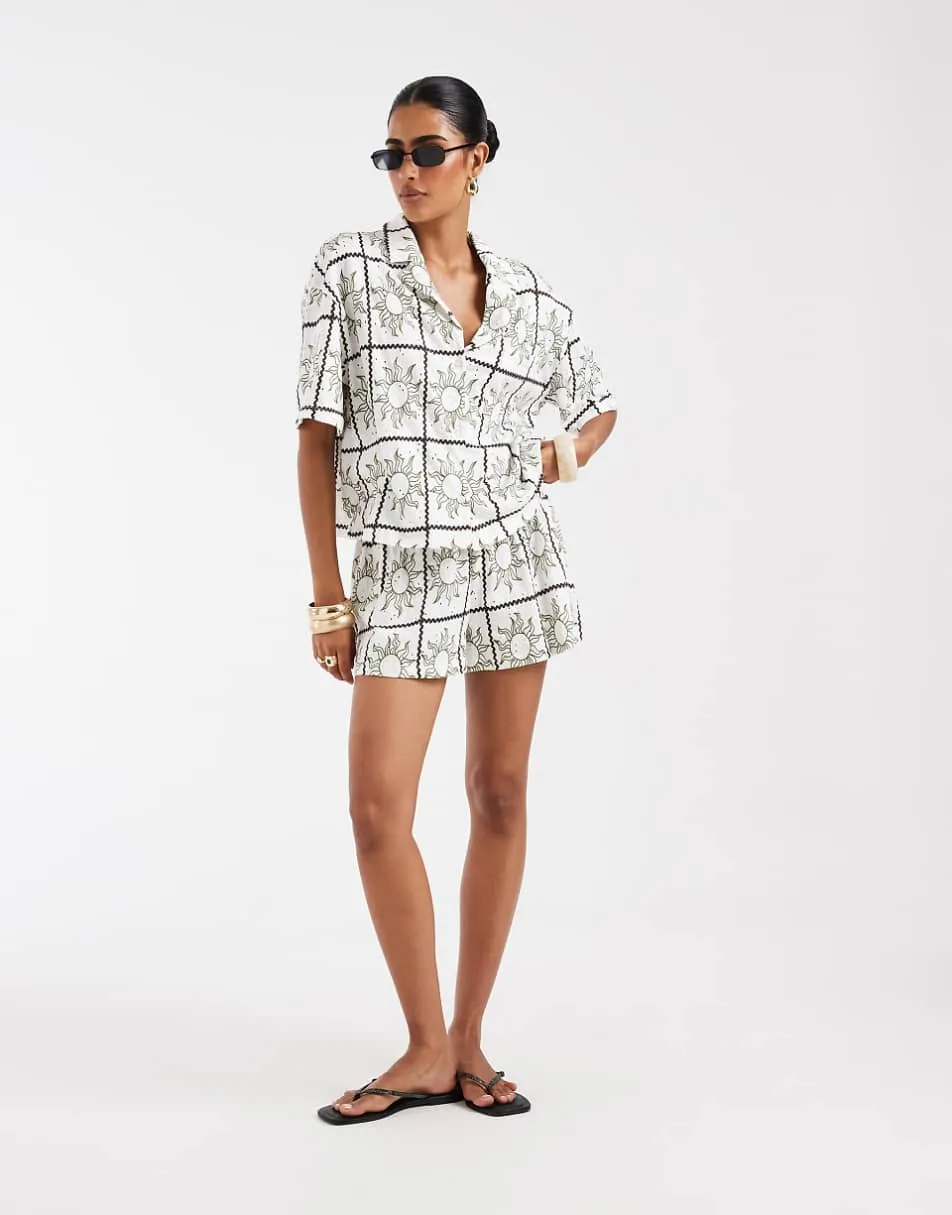 ASOS DESIGN jersey broderie resort shirt co-ord in sun print