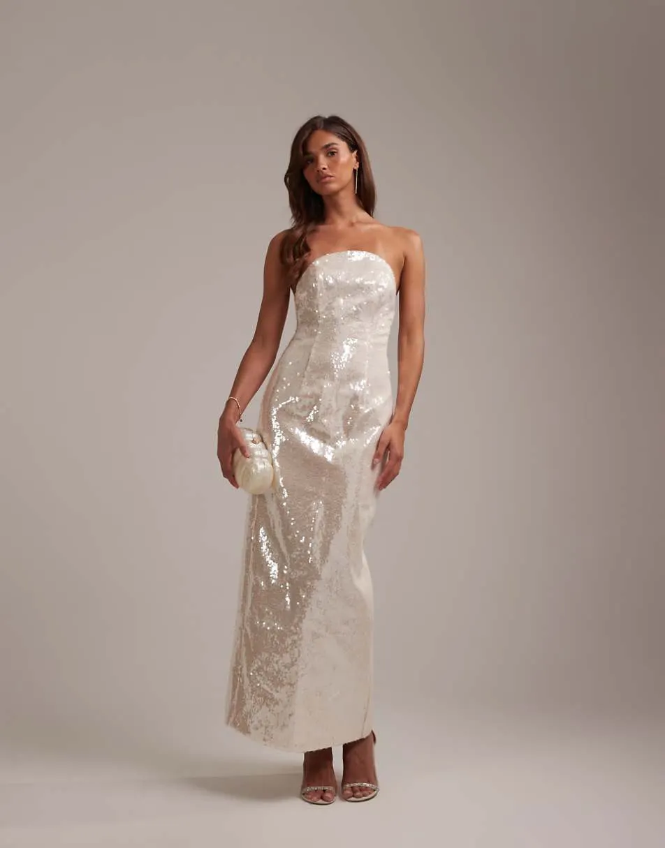 ASOS DESIGN bridal sequin crescent neckline bandeau column midaxi dress in silver