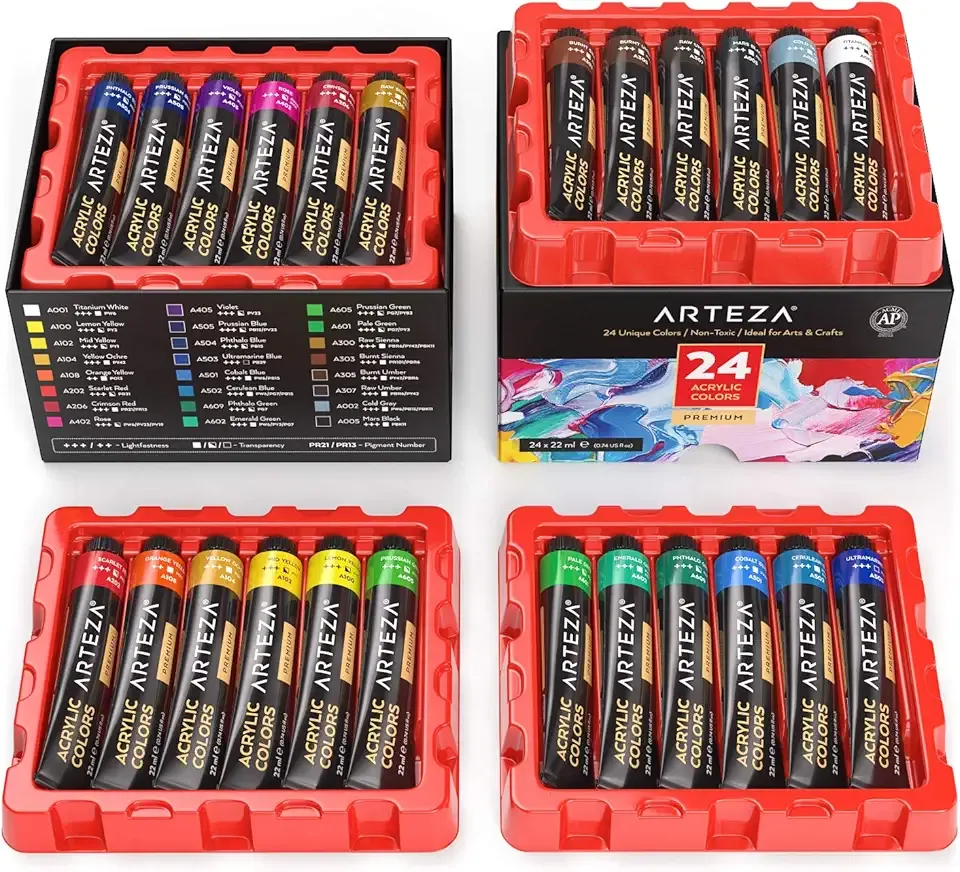 ARTEZA Acrylic Paint Set 24 Colors (0.74 oz Tubes). High-Viscosity, Richly Pigmented Paints for Canvas, Wood & Crafts. Non-Toxic Water-Based Formula. Holiday Gift for Artists & Painters