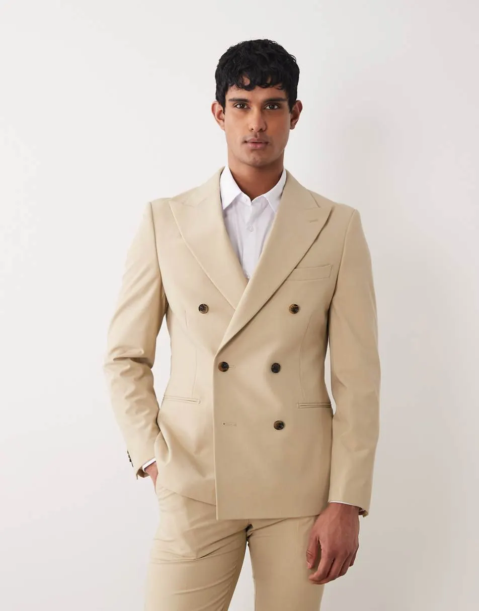 ASOS DESIGN skinny double breasted suit jacket in stone twill