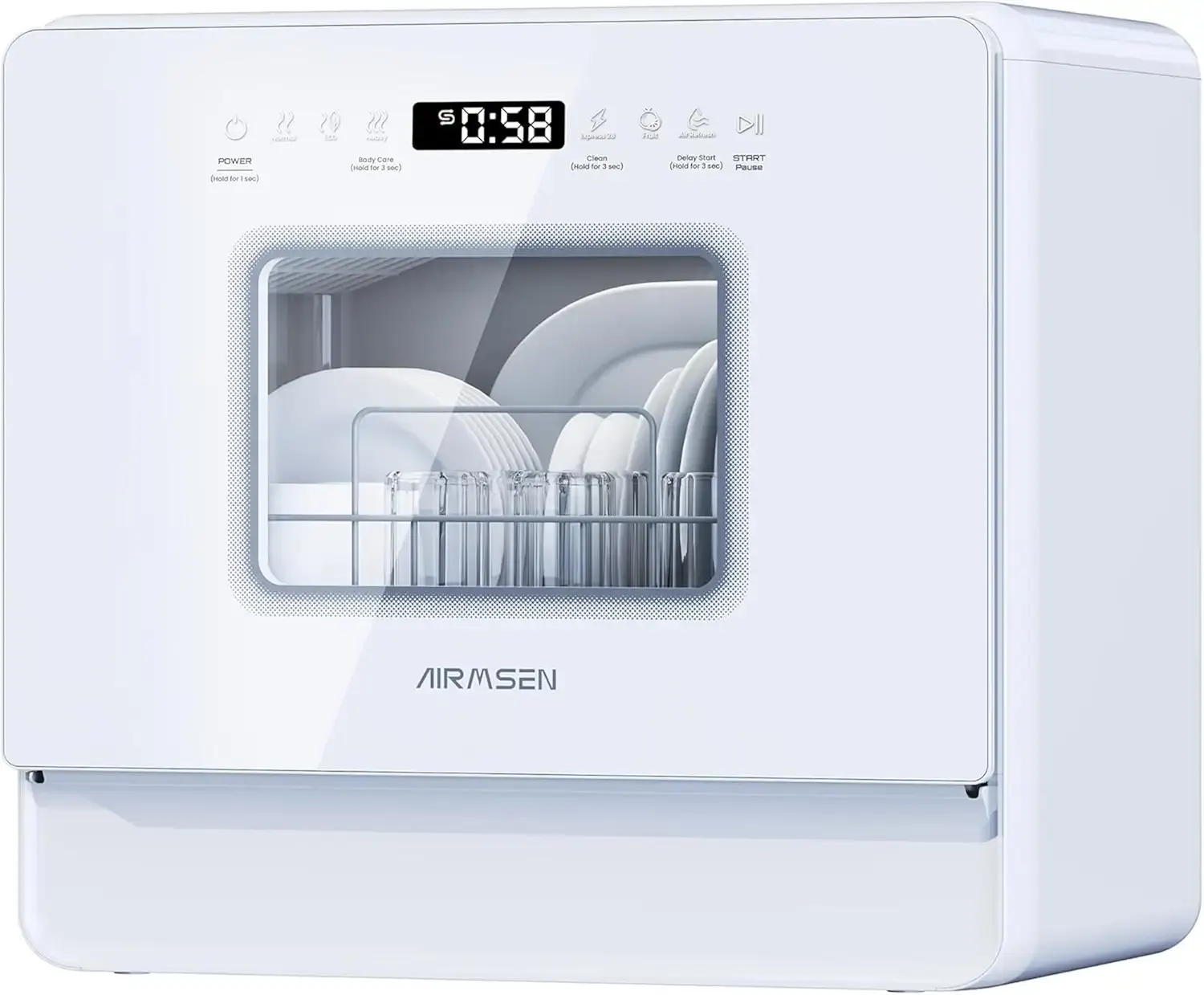 AIRMSEN Large Slim Countertop Dishwasher | Built-in Water Tank | No Hookup Needed, Heated Drying & 72H Air Refresh, 12H Delay Start, Built-in Water Softener, 3 Spray Arms & 2-Level Rack