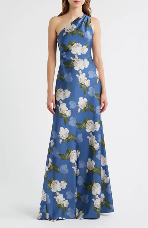 Delphine Floral Print One-Shoulder Gown
