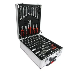 Set di attrezzi 899 pezzi, porta attrezzi con ruote in alluminio e plastica, 4 scomparti, argento, dimensioni 36.5x20x51 cm