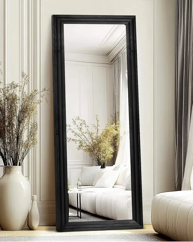 Full Length Mirror 65"x22" with Stand Solid Wood Frame Floor Large Mirror for Living Room, Bedroom Hanging Standing or Leaning Wall-Mounted, New Black