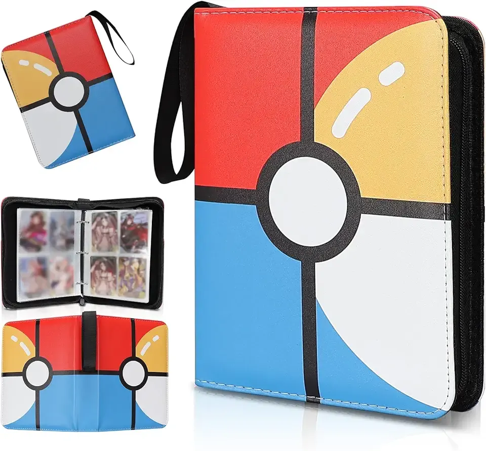 Collectible Trading Card Albums,4 Pocket Card Binder, 400 Double Sided Pocket PU Premium Zip Trading Collection Binderwith 50 Removable Sleeves, Card Folder forTCG, Sports Cards (Red &Blue)