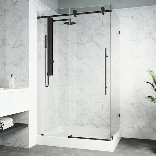 Elan E-Class 36L x 48W x 82H in. Frameless Sliding Corner Shower Kit with Shower Base in Matte Black with Clear Glass