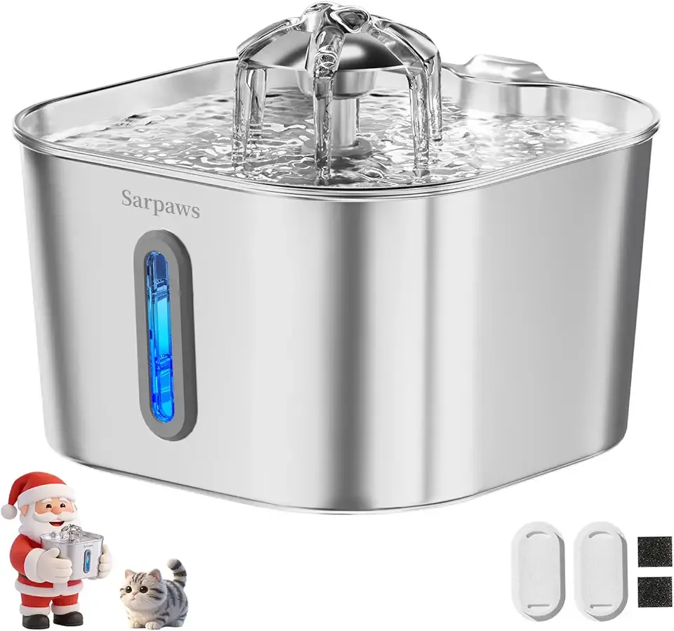 Cat Water Fountain Stainless Steel：74oz/2.2L Water Fountains for Cats Indoor, Cat Fountains for Drinking, Ultra-Quiet, Water Level Window, Pet Water Fountain - 2 Filters + 2 Sponges