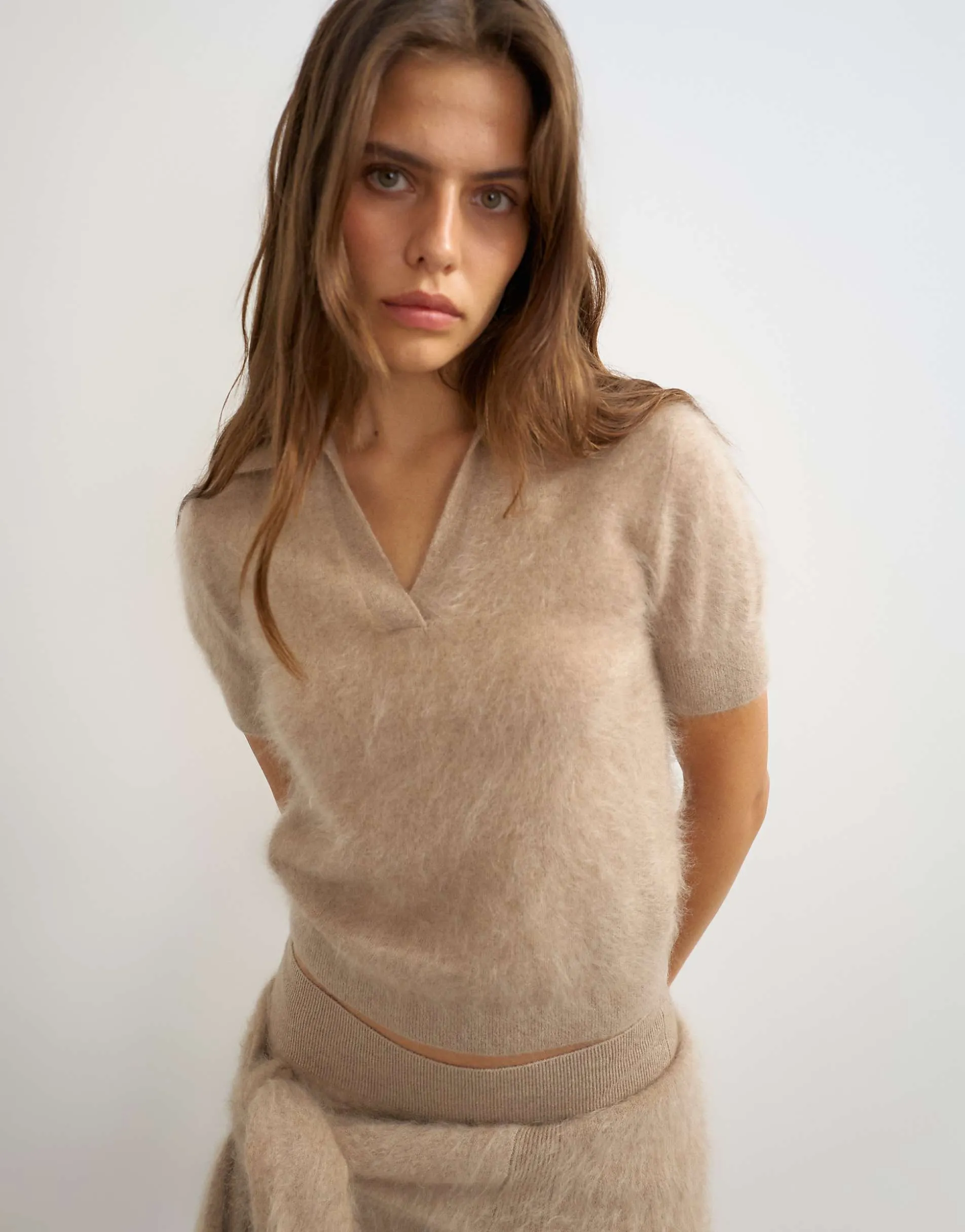 Topshop knitted mix and match brushed pure cashmere premium polo top in neutral