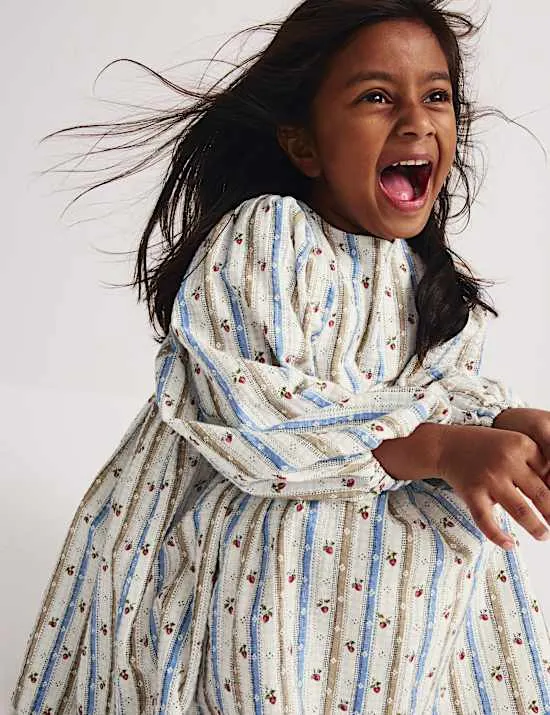 Pure Cotton Striped Floral Dress (1-8 Yrs)