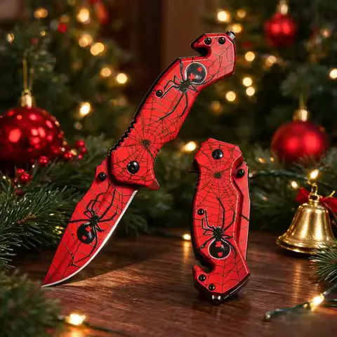 Red Spider Web Pattern Folding Pocket Knife Portable EDC Hand Tool With Window Breaker for Outdoor Camping Hiking Survival Daily Cutting Men Gift