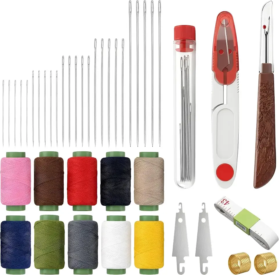 MoHern Sewing Kit for Adults, 43 Pcs All-in-One Big Eye Stainless Steel Sewing Needles with Colored Threads, Thimbles and Auxiliary Tools, Elastic Adjustable Embroidery Needles for Home Use and Gift