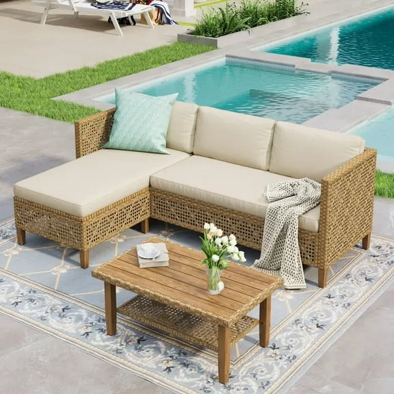 Alpha Joy 3 Pieces Wicker Patio Furniture Conversation Set Boho Style Outdoor Sofa with Wood Coffee Table $305.99 Was $459.99