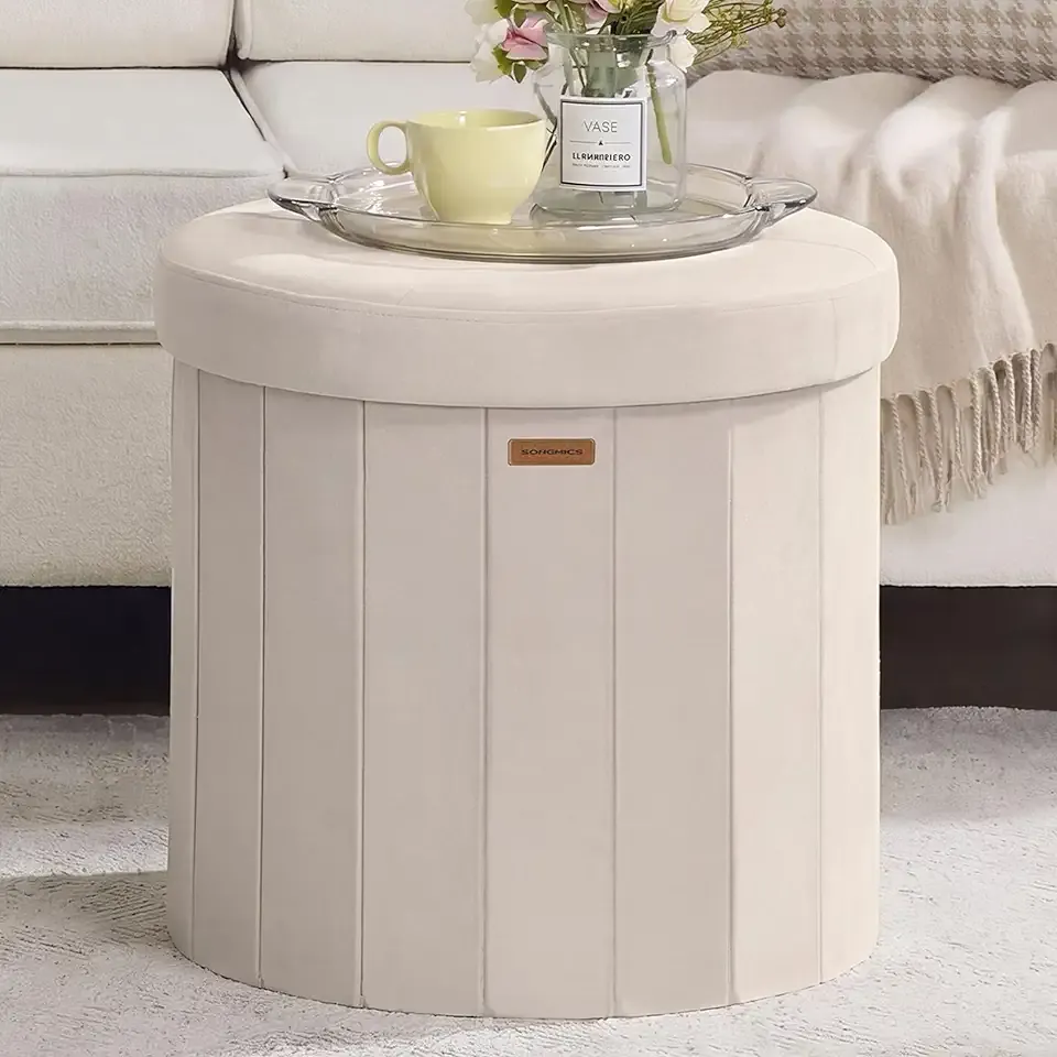 Mazie Collection - Round Storage Ottoman, Folding Footrest Stool with Removable Lid, Easy Assembly, Velvet Vanity Stool for Bedroom, Living Room, Entryway, Cappuccino Beige ULSF608L01
