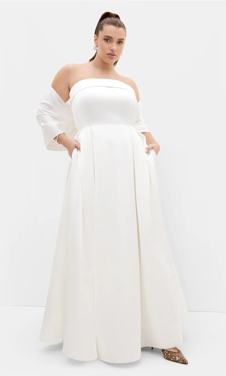 Duchess Satin Gown With Shawl - ivory