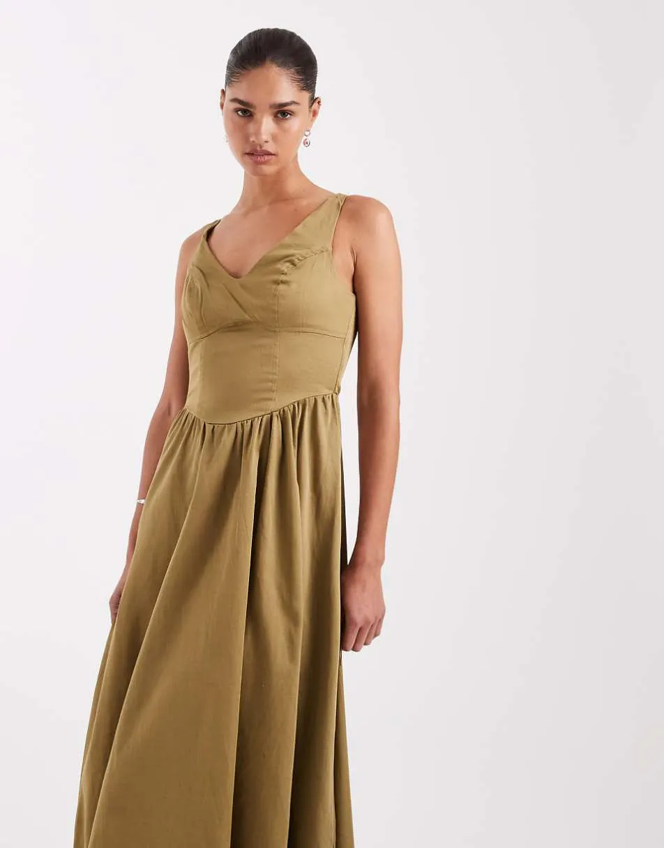 ASOS DESIGN waisted v neck maxi dress with seaming details in olive