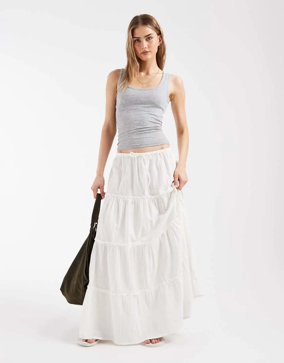 Pieces crinkle cotton tiered boho maxi skirt in white