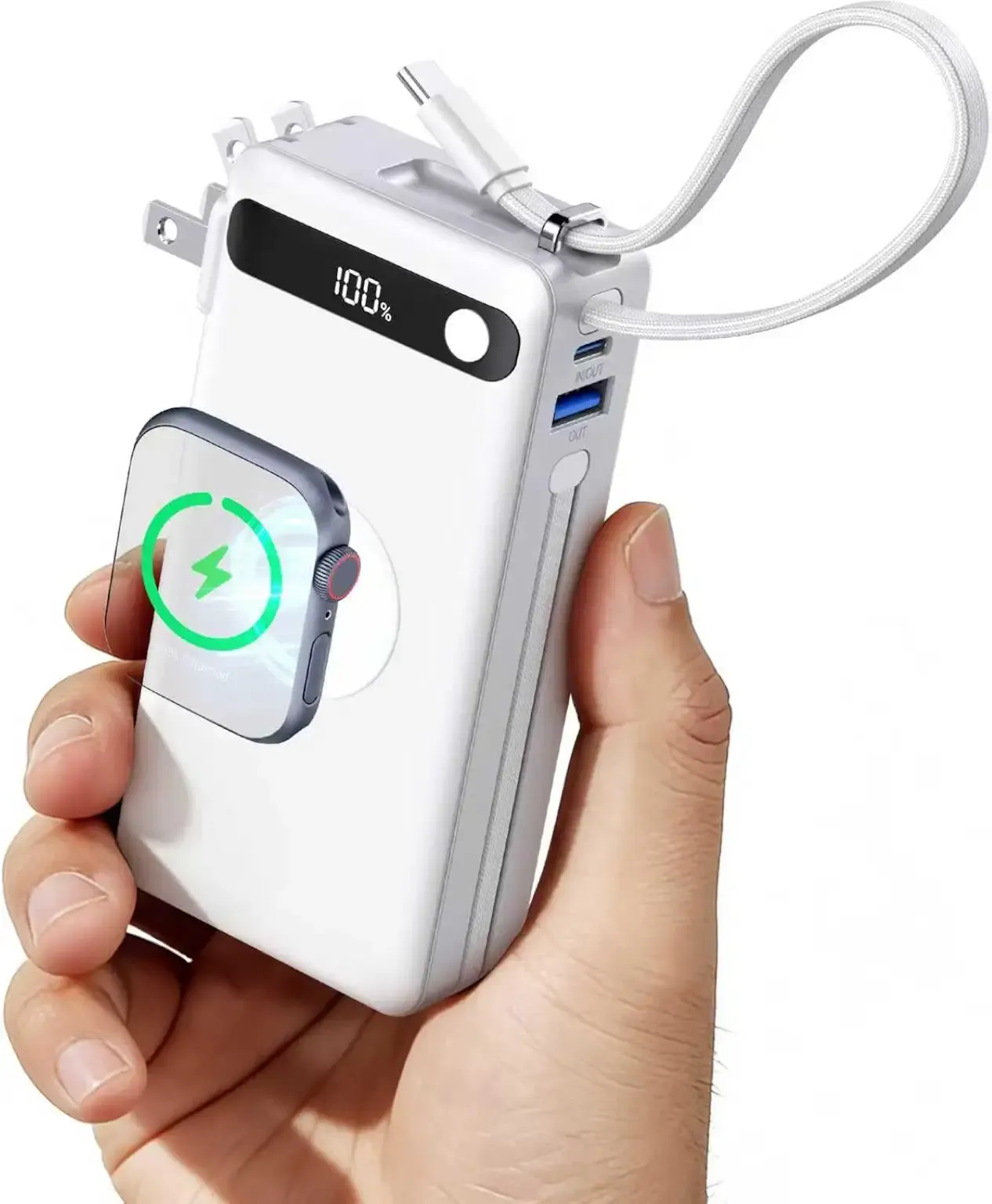 2026 Latest Nano 5-in-1 Portable Charger, 10800mAh 22.5W Fast Charging Power Bank with Built-in USB C Cable and Foldable Wall Plug, Travel Essentials Battery Pack for iPhone iPad Apple Watch Galaxy