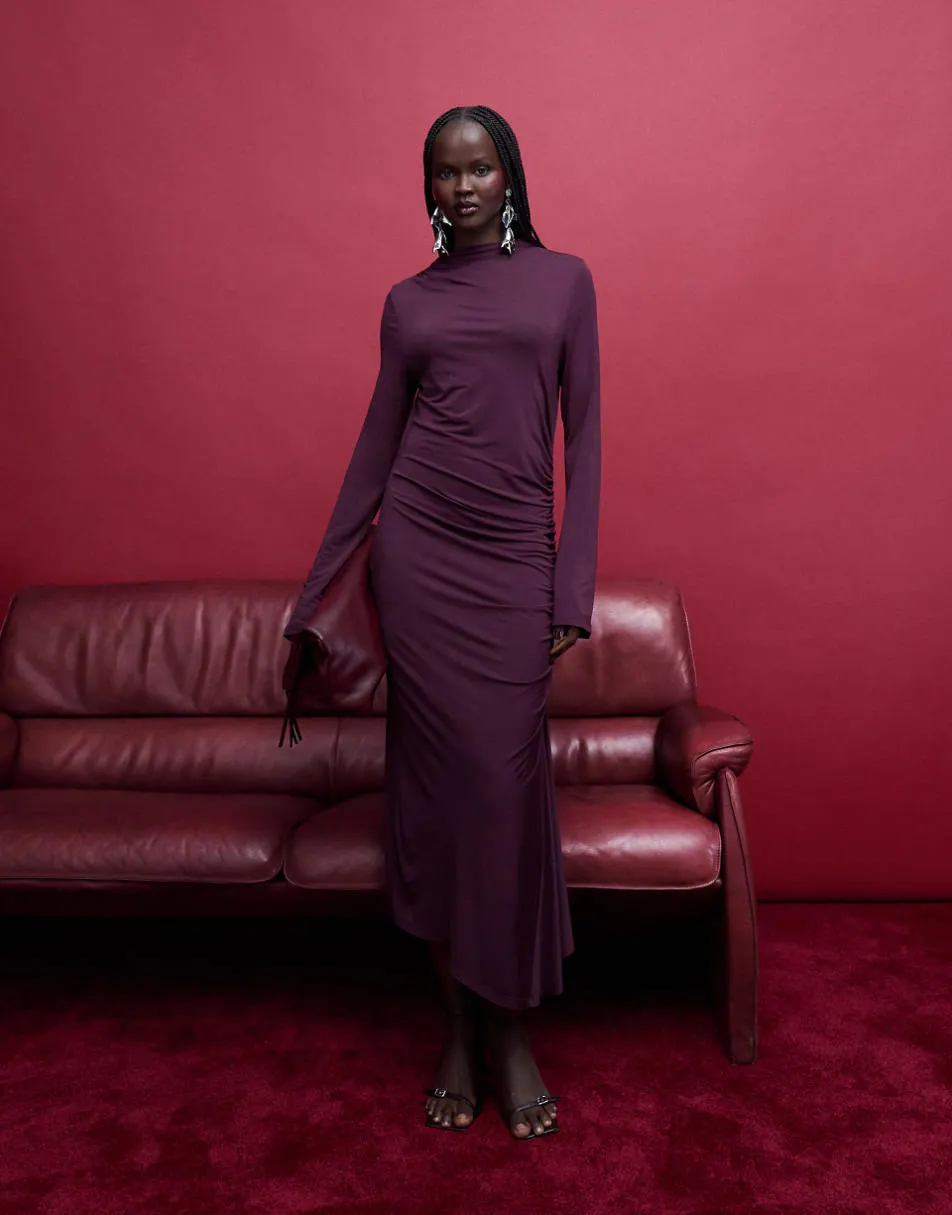 & Other Stories high neck long sleeve soft twisted midi dress in dark wine purple