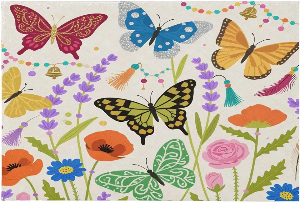 Area Rugs 23.62 * 35.43in Washable Non Slip Bathroom Mat for Kitchen Entryway Bedroom Bohemian-Style Colored Butterflies and Flowers