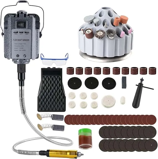 DZQ Flex Shaft Rotary Tool 1000W Hanging Grinding Machine 6.5mm Rotary Carver with 3-Jaw Chuck& Stepless Speed Foot Pedal 30000RPM with Rotating Bur Holder for Carving, Buffing(w/ 77pcs Accs)
