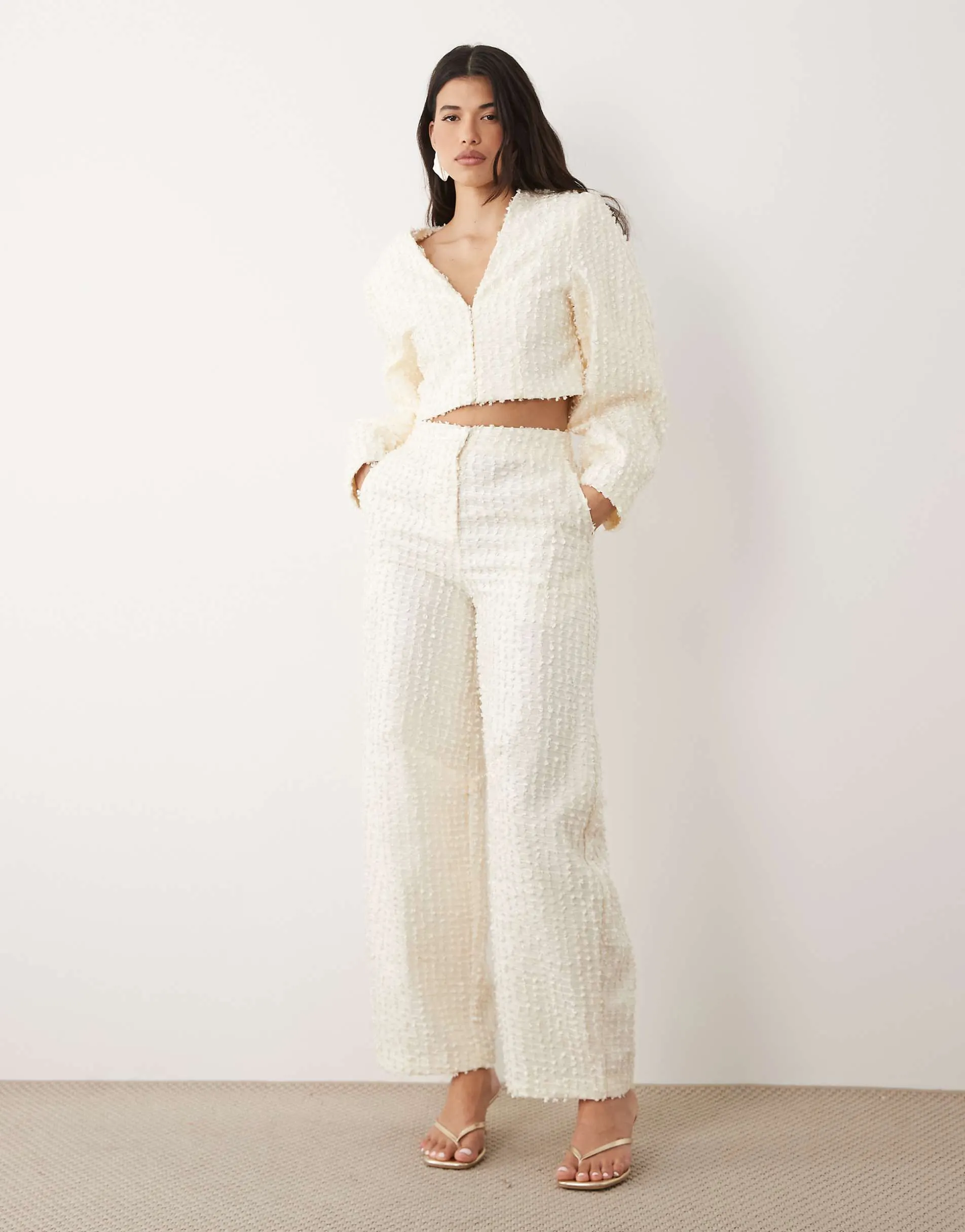 ASOS LUXE boucle barrel leg trouser co-ord in cream
