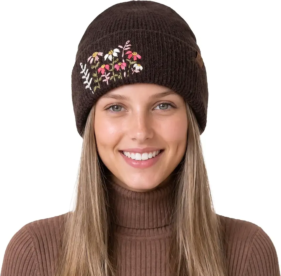 Women's Floral Embroidered Beanie and Mittens Set, Knit Winter Hat and Fuzzy Lined Mitten Pair