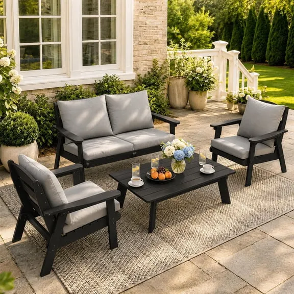 FOOWIN 4-Piece Patio Furniture Set, HDPE Outdoor Conversation Set with 4 Seating & Cushions, Perfect Patio Sofa Set for Garden, Porch, Backyard, Black Frame with Grey Cushion, Price Now $599.99 Was $899.99 Options from $599.99 – $799.99