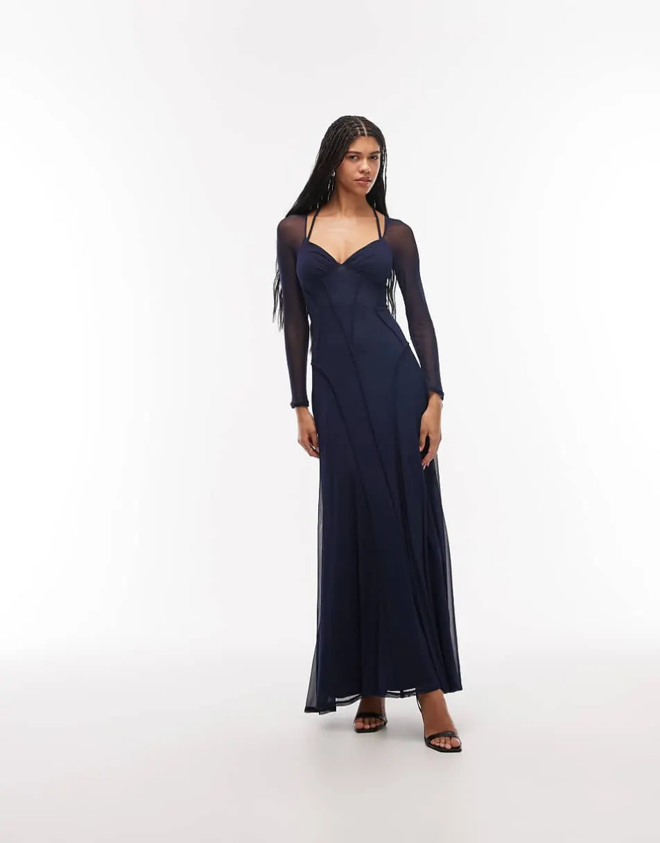 ASOS DESIGN mesh long sleeve maxi dress with exposed seam detail in navy