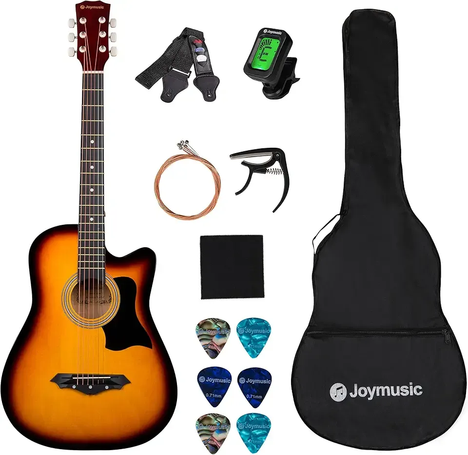 Joymusic 38 inch sunburst beginner acoustic guitar kit,bundle with a strap with picks holder,digital tuner, set strings, capo,cleaning cloth,6 picks,gig bag.(JG-38C,3TS)
