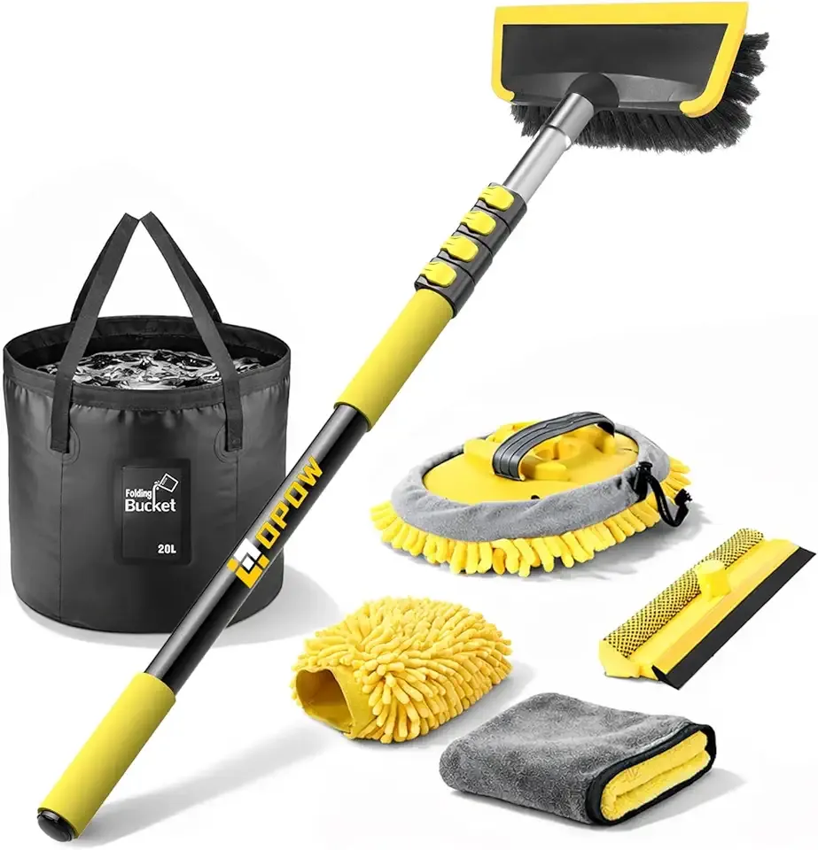 144" Car Wash Kit with Telescoping Pole, 20L Collapsible Bucket, Chenille Microfiber Mop, Bristle Brush, 2-in-1 Sponge & Window Squeegee, Towel & Waterproof Glove for RV Truck SUV Boa