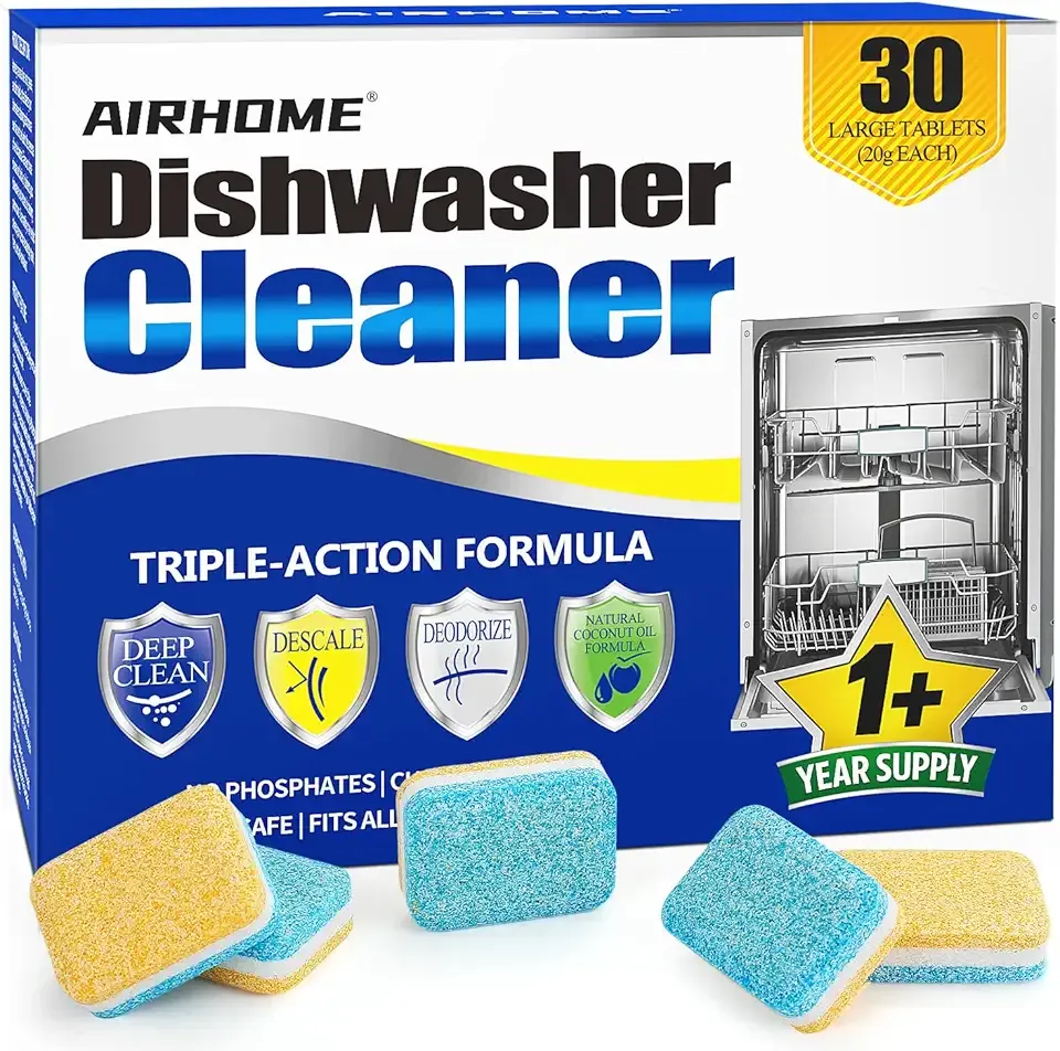 Dishwasher Cleaner Tablets, 30-Count Deodorizing Pods (15-Month Supply) - Heavy-Duty Descaler Removes Limescale, Minerals, Grease & Odors, Lemon Scent