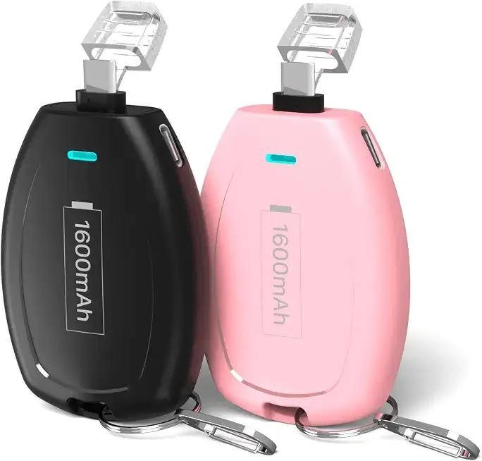 2-Pack USB C Keychain Portable Charger, 1600mAh Mini Power Bank Ultra-Compact Battery Pack Power Emergency pod for iPhone 17/16/15 / Android Type-C Phones Galaxy, Pixel, Moto etc-Black&Pink