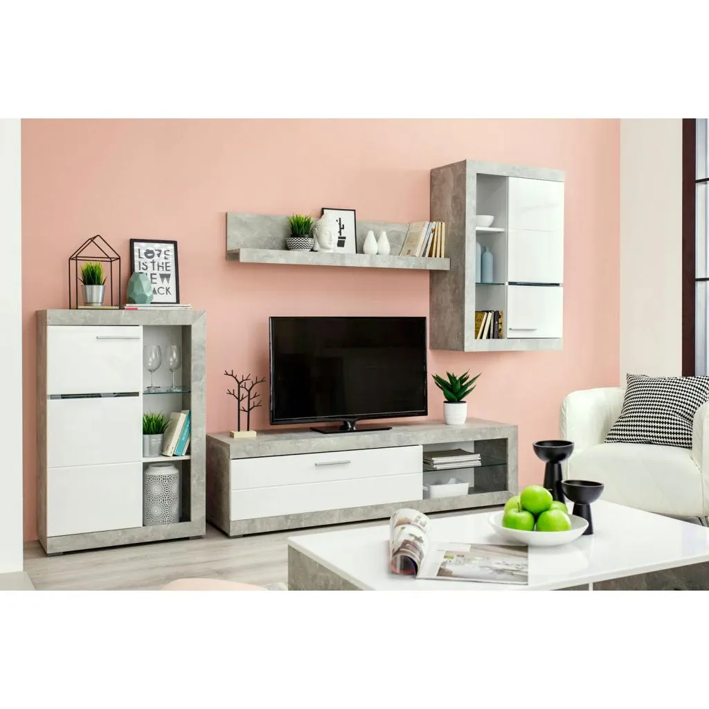 Moderna composición 230 cm en blanco brillo y gris cemento con leds