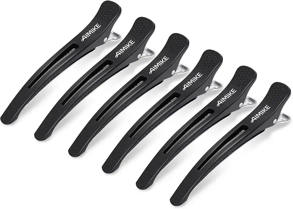 AIMIKE 6pcs Professional Hair Clips for Styling Sectioning, Non Slip No-Trace Duck Billed Hair Clips with Silicone Band, Salon and Home Hair Cutting Clips for Hairdresser, Women, Men - Black 4.3” Long