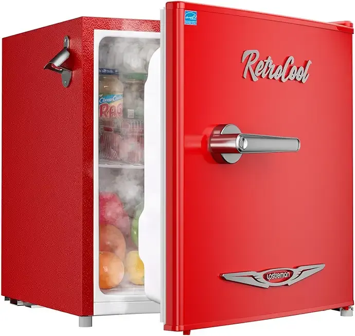 Upstreman 1.7 Cu.Ft Retro Mini Fridge, Low Noise, Energy Saving, Adjustable Thermostat, Single Door, Side Bottle Opener, Metal Handle, Compact Refrigerator for Office, Bedroom, Dorm-FR17 PRO (Red)