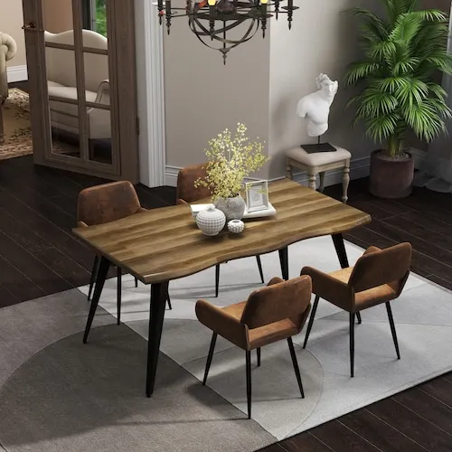 LANNIA 5-Piece Mocha Walnut Dining Set with 4 Saddle Brown Suede Chairs & Black Legs (Seats 6)
