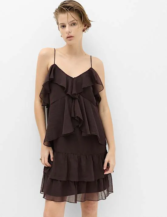 Chiffon-Mini-Trägerkleid mit V-Ausschnitt und Rüschen