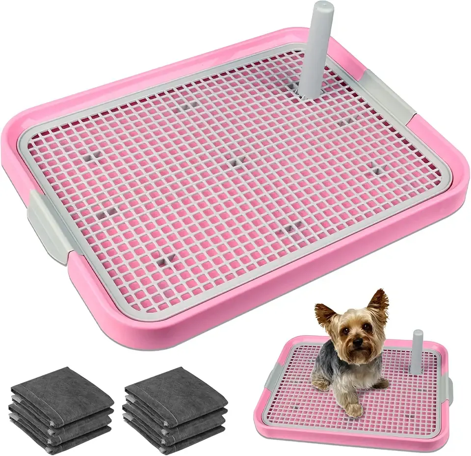 CUHIOY Dog Potty Tray Toilet 20"x14", Indoor Pee Pad Holder, Pink | With 8pcs Training Pads, Puppy Pee Mesh Potty Pan, Secure Latch Doggy Bathroom Litter Box for Small Medium Puppies