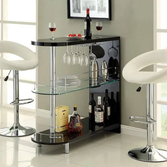 Numbi 41" Mini Server with Glass Shelf and Wine Glass Hanger by Furniture of America - Black/Chrome