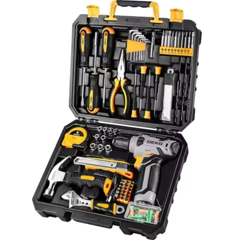 Home repair tool set: 8V cordless drill, tool box, 126-piece hand drill kit for men and women, DIY and handyman use, black and