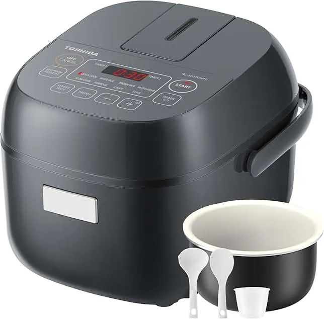 TOSHIBA Rice Cooker Small 3-Cup Uncooked– LCD Display with 8 Cooking Functions: Rice, Oatmeal, Mixed Grains and More, NonStick Inner Pot, Grey
