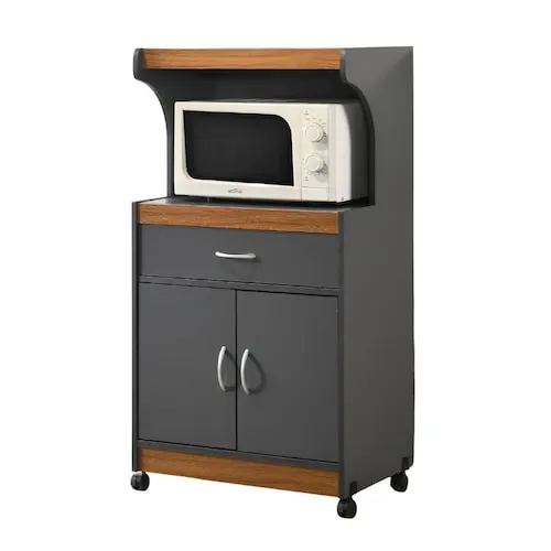 Rolling Kitchen Cart with Microwave Shelf, Utensil Drawer, Interior Cabinet Storage Space and Locking Wheels, Grey