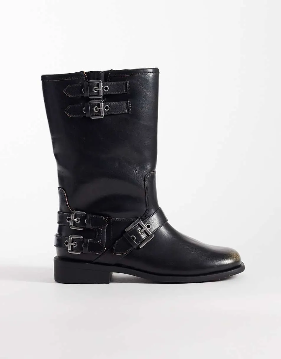 ASOS DESIGN Asher flat biker boots in black burnish