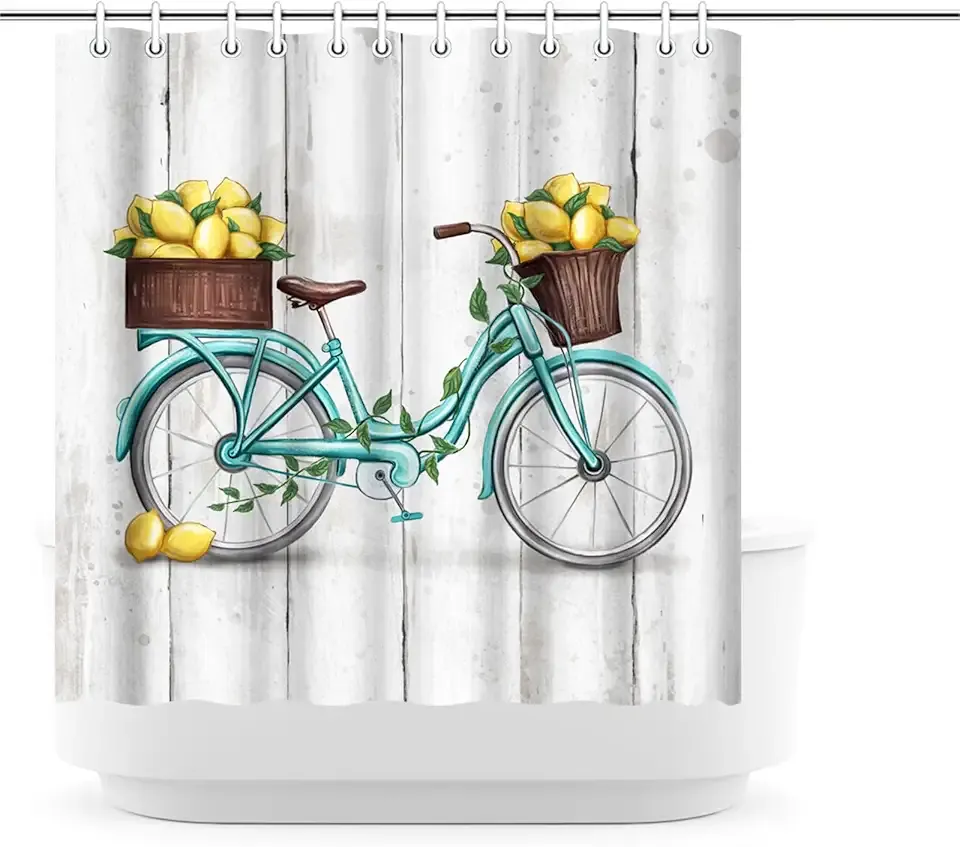Rustic Bicycle with Lemons Shower Curtain, Farmhouse Style, White Wood Background, Polyester Fabric 72x72 inch with Hooks, Bathroom Decor