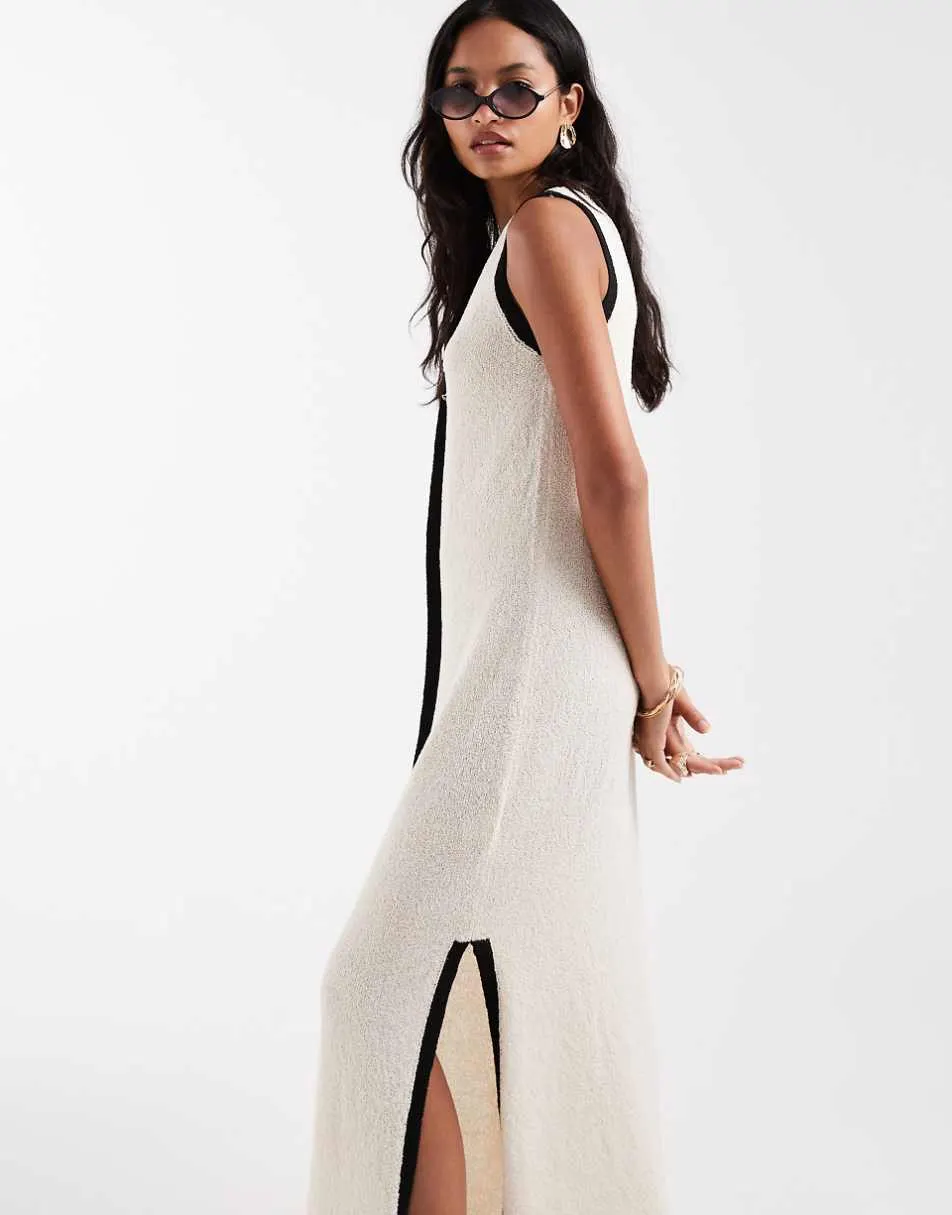 4th & Reckless contrast trim sleeveless v neck knitted beach maxi dress in ecru