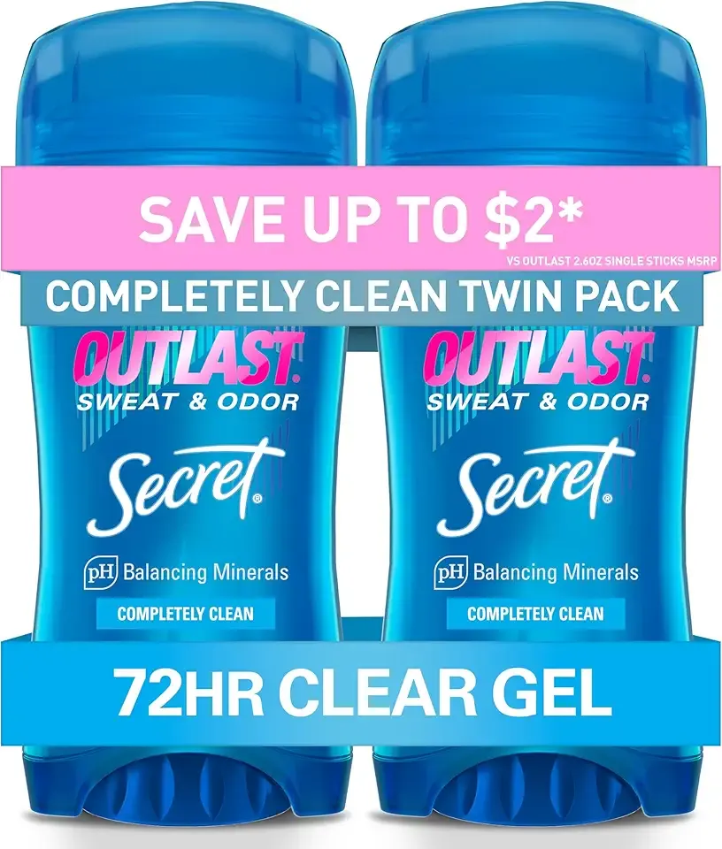 Secret Outlast Antiperspirant Deodorant for Women, 72hr Sweat & Odor Protection, PH Balancing Minerals, Pro-Hyaluronic Acid, Clear Gel, Completely Clean Scent, 2.6 oz (Pack of 2)