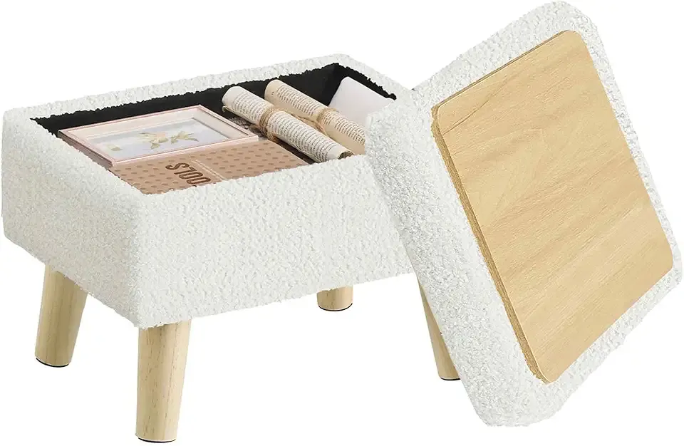 Storage Ottoman, Foot Stool, Ottoman with Padded Seat, Foot Rest with Wood Legs, Small Table, for Hallway, Living Room, 11.8 x 15.7 x 11.4 Inches, Teddy Fleece, Cream White ULOM518WD01