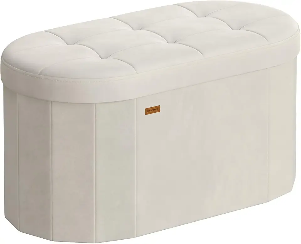 Mazie Collection - Folding Ottoman with Storage, Oval Storage Ottoman Bench, for Living Room, Bedroom, Velvet Fabric, 15 x 30 x 15 Inches, Cream White ULSF267LH01